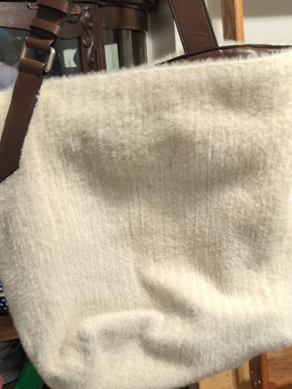 Zara Cream Faux-Shearling Tote with Brown Straps